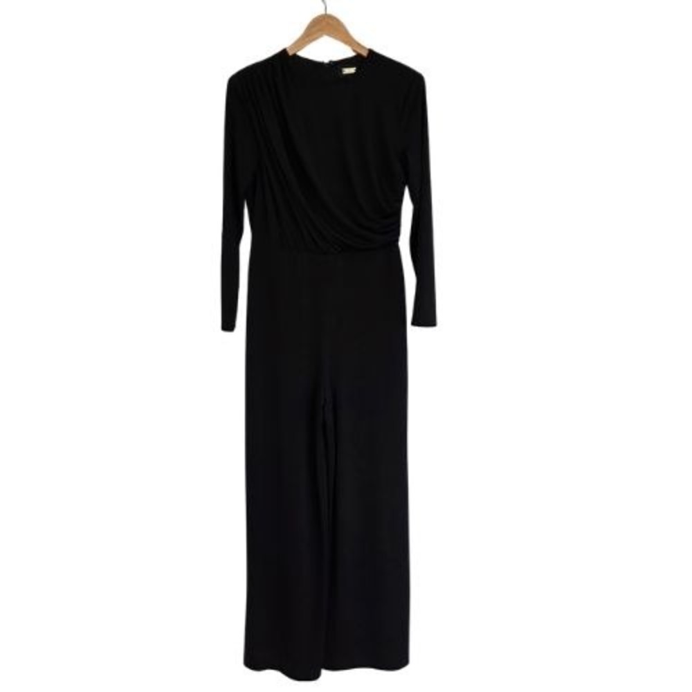 Womens M Black Formal Jumpsuit Draped Long Sleeve Wide Leg Evening Gala Stretch